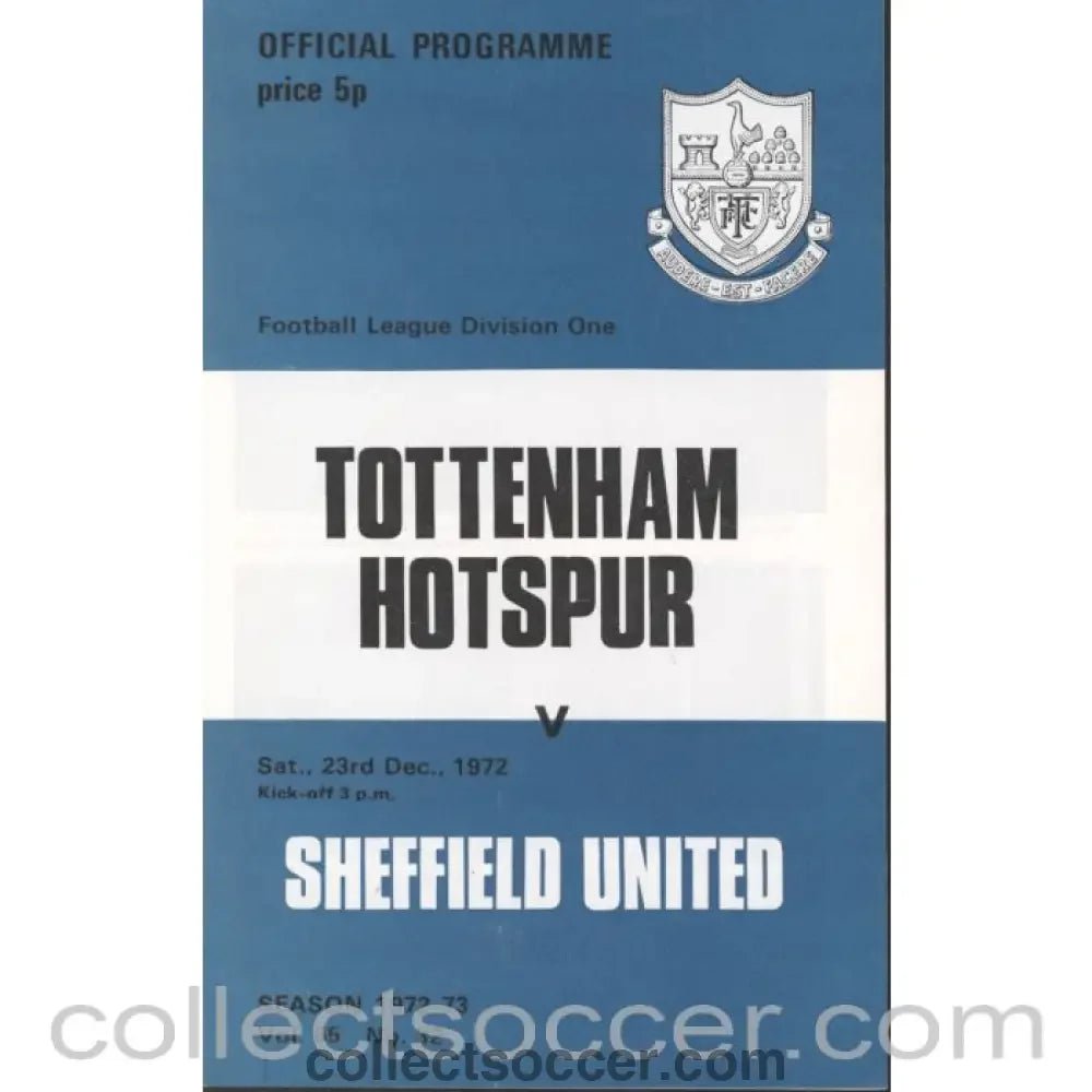 1972 - Tottenham Hotspur v Sheffield United Programme 23/12/1972 - Collect Soccer