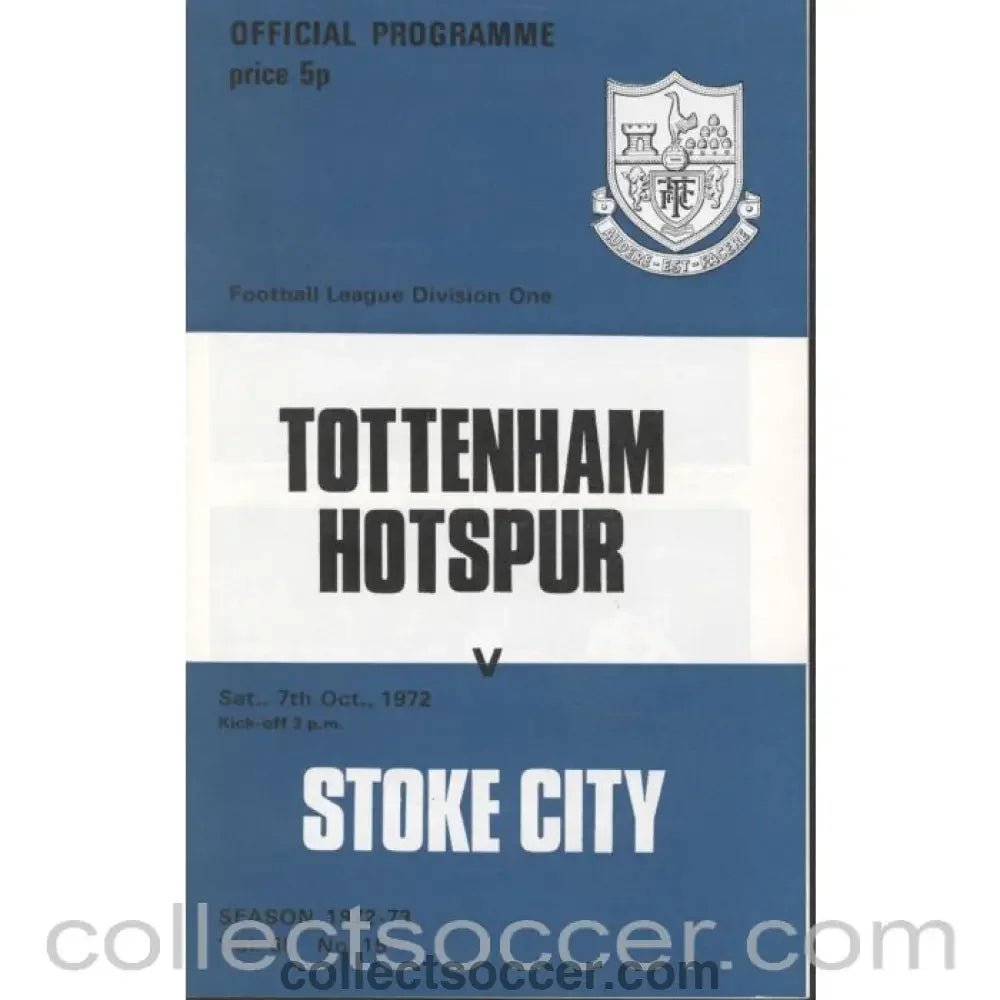 1972 - Tottenham Hotspur v Stoke City Programme 7/10/1972 - Collect Soccer
