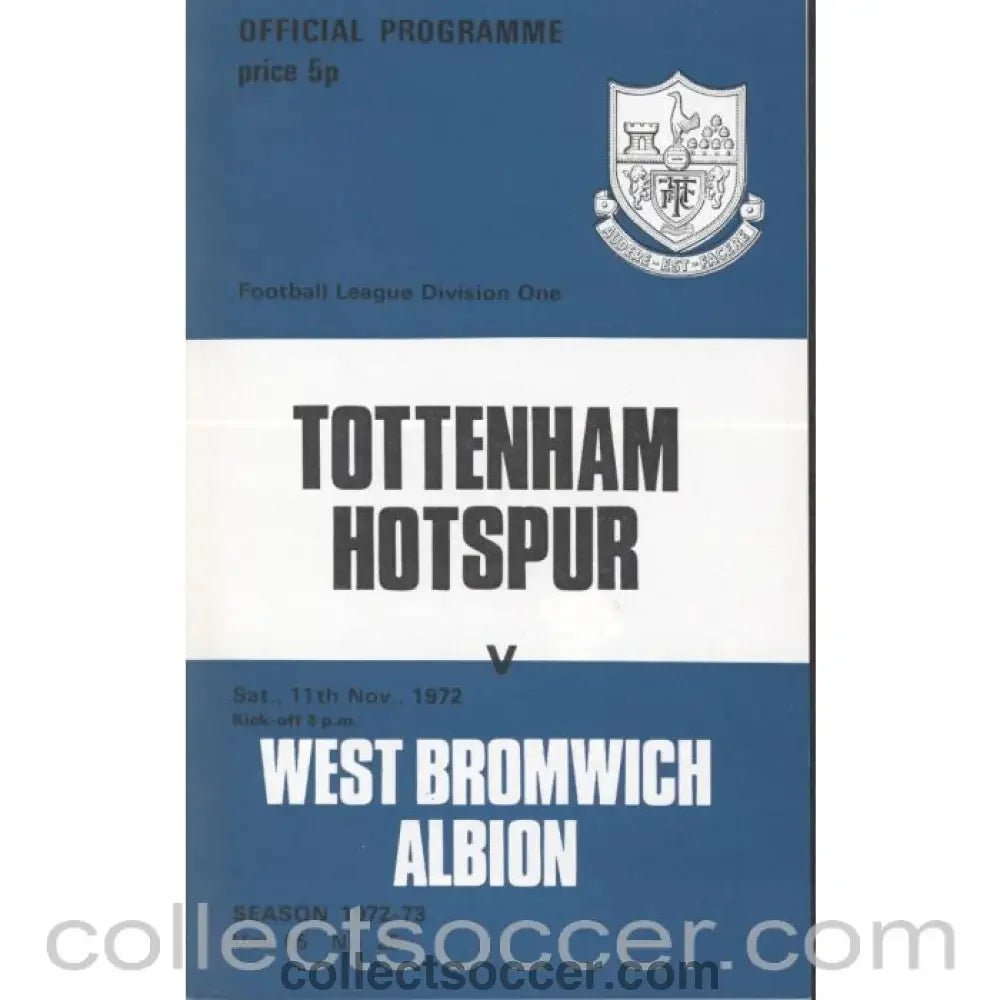 1972 - Tottenham Hotspur v West Bromwich Albion Programme 11/11/1972 - Collect Soccer