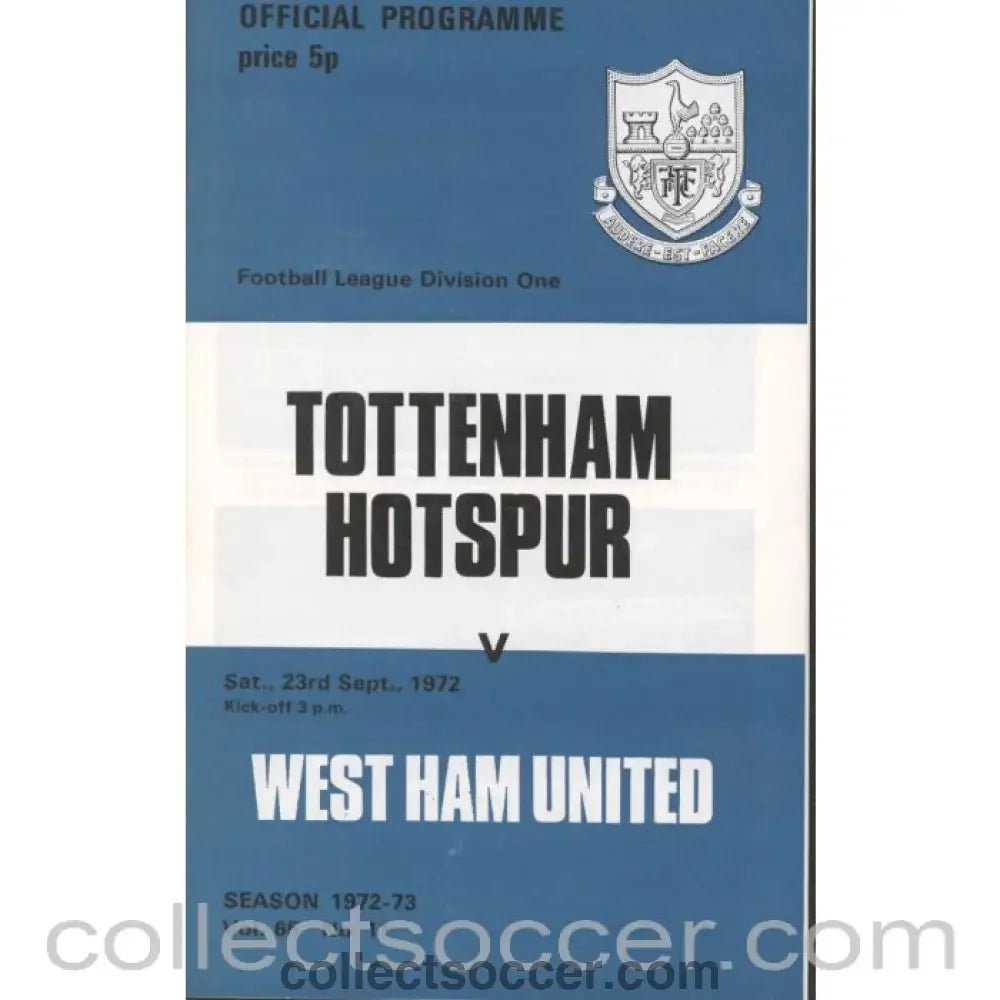 1972 - Tottenham Hotspur v West Ham United Programme 23/09/1972 - Collect Soccer