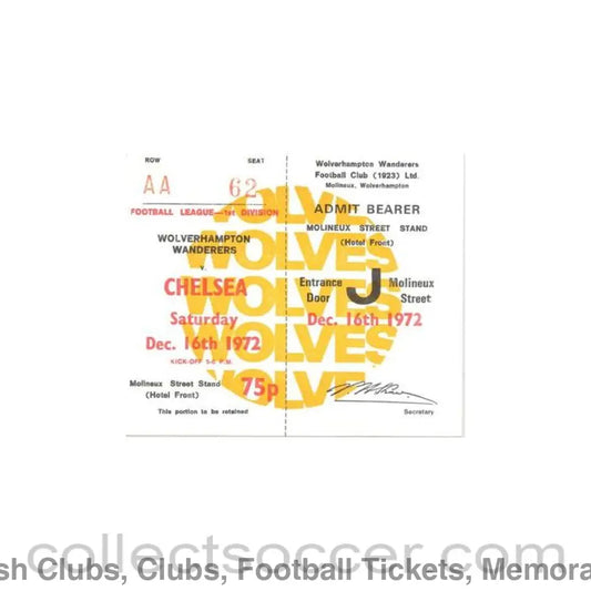 1972 - Wolverhampton Wanderers v Chelsea ticket 16/12/1972 Football League