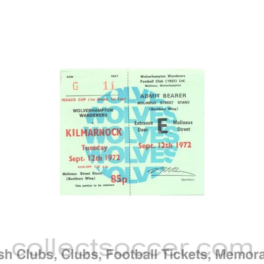 1972 - Wolverhampton Wanderers v Kilmarnock ticket 12/09/1972 Texaco Cup