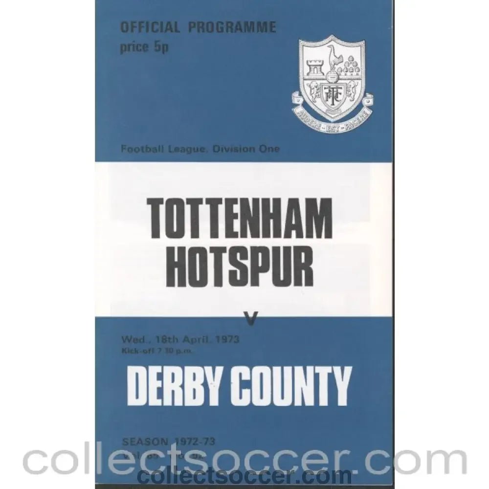 1973 - Tottenham Hotspur v Derby County Programme 18/4/1973 - Collect Soccer