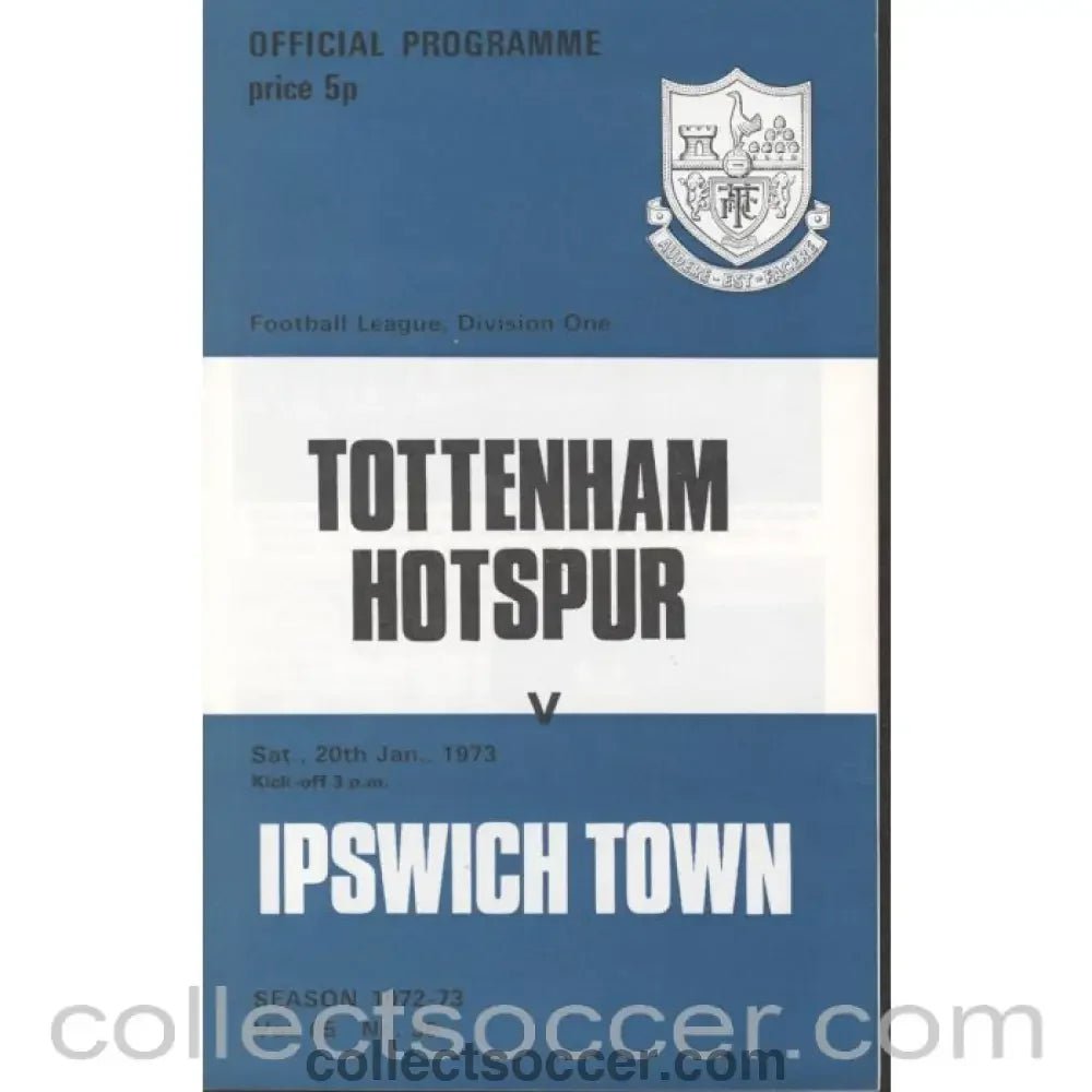 1973 - Tottenham Hotspur v Ipswich Town Programme 20/1/1973 - Collect Soccer