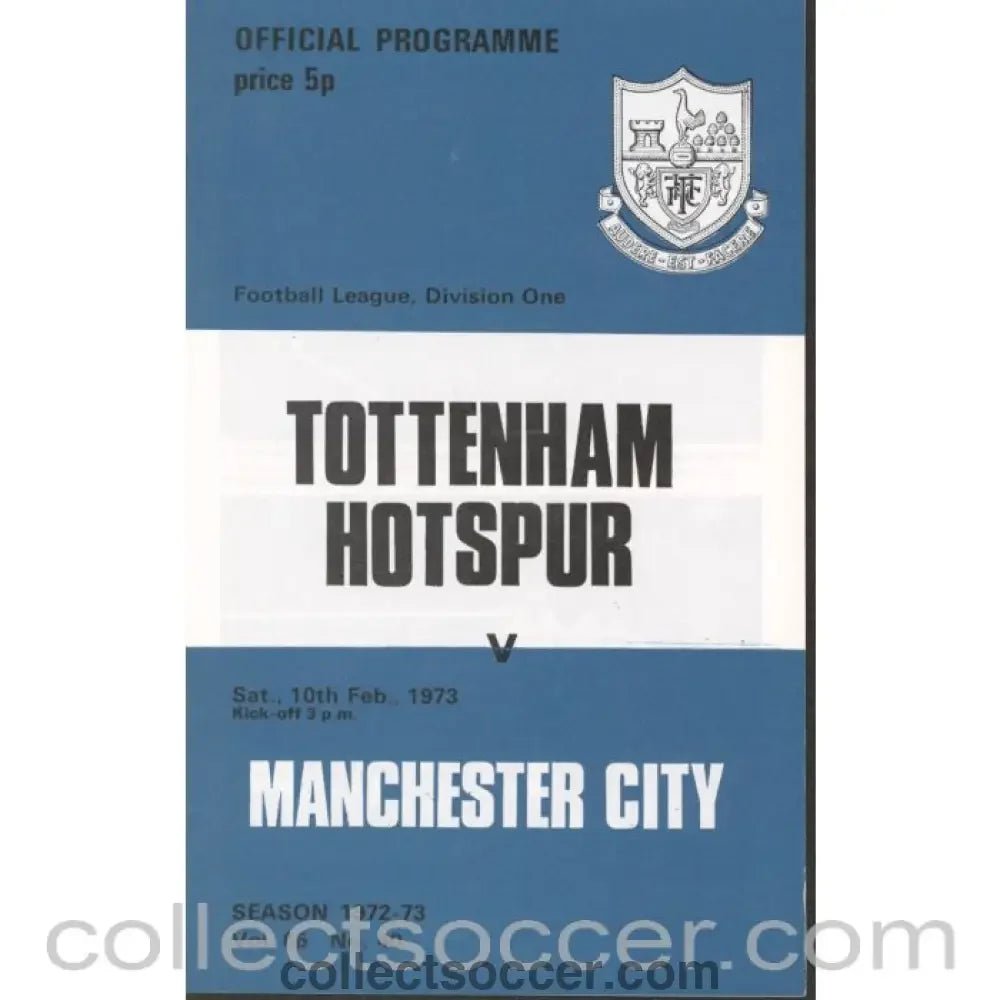 1973 - Tottenham Hotspur v Manchester City Programme 10/2/1973 - Collect Soccer