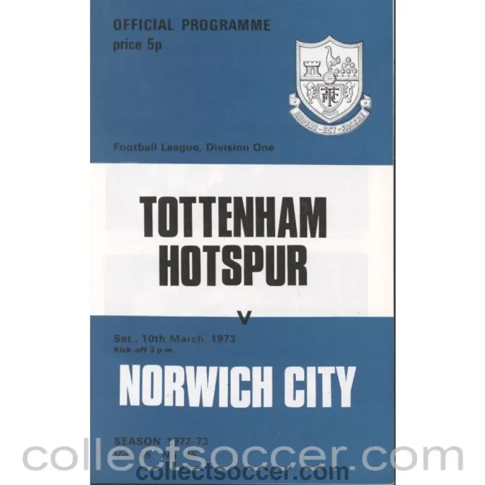 1973 - Tottenham Hotspur v Norwich City Programme 10/3/1973 - Collect Soccer
