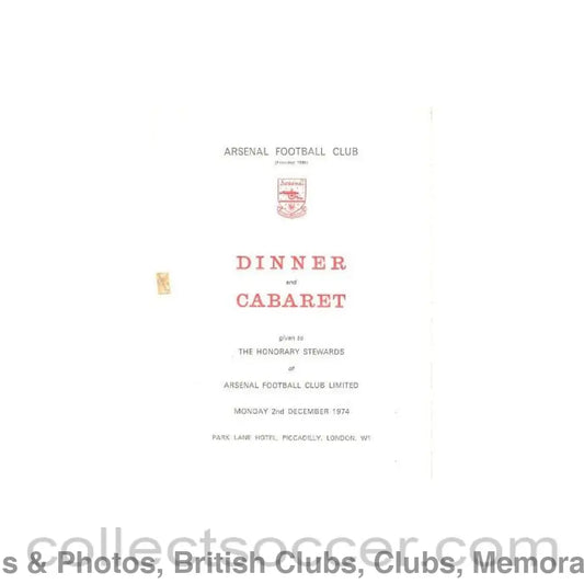 1974 - Arsenal - Dinner & Cabaret to The Honorary Stewards of Arsenal FC menu 02/12/1974