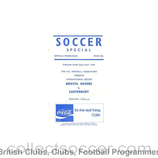 1974 - In New Zealand - Canterbury New Zealand v Bristol Rovers official programme 22/05/1974