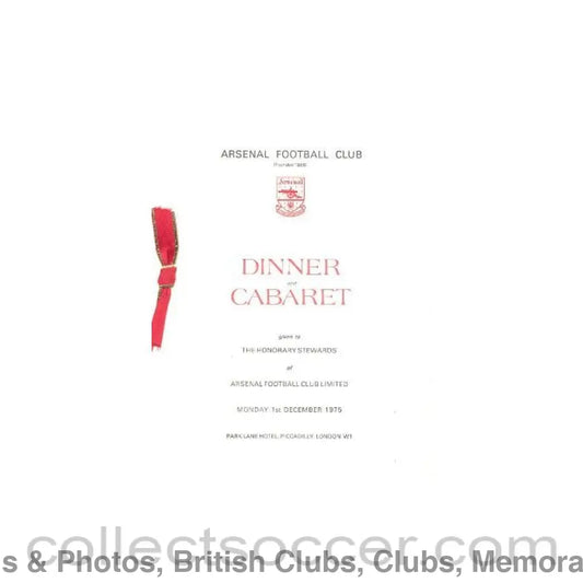 1975 - Arsenal - Dinner & Cabaret to The Honorary Stewards of Arsenal FC menu 01/12/1975