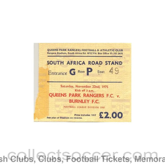 1975 - Queens Park Rangers v Burnley ticket 22/11/1975