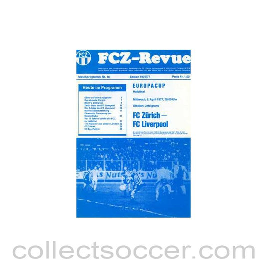 1977 FC Zurich V Liverpool Programme 06/04/1977