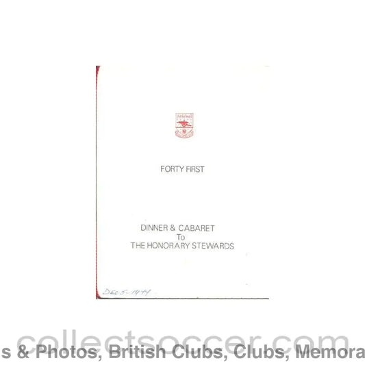 1977 - Arsenal - 41st Dinner & Cabaret to The Honorary Stewards of Arsenal FC menu with ribbon 05/12/1977
