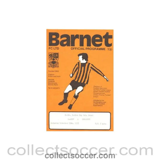 1977 - Barnet v Cheshunt official programme 19/11/1977 Herts. Senior Cup signed on the back