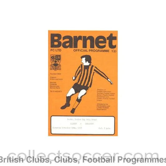 1977 - Barnet v Cheshunt official programme 19/11/1977 Herts. Senior Cup signed on the back