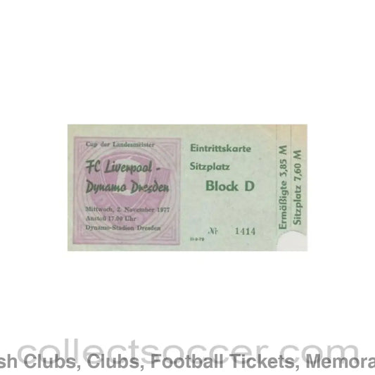 1977 - Dynamo Dresden East Germany v Liverpool ticket 02/11/1977