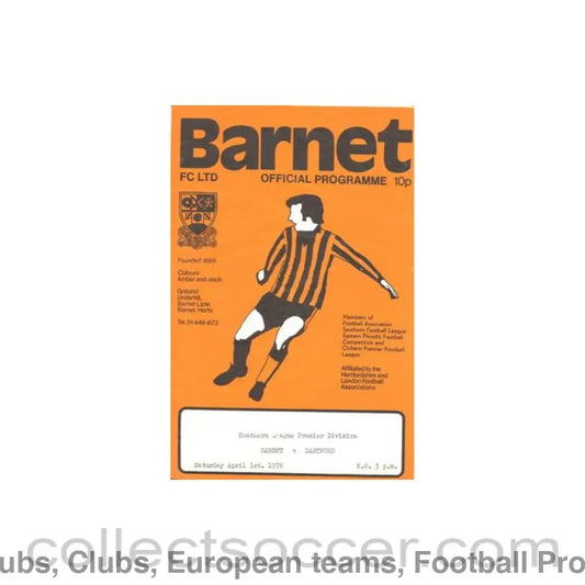 1978 - Barnet v Dartford official programme 01/04/1978 Southern League Premier Division