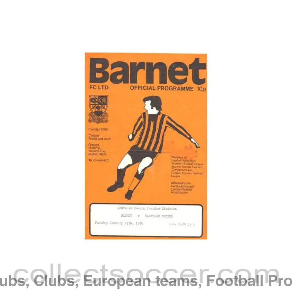 1978 - Barnet v Hastings United official programme 17/01/1978 Southern League Premier Division