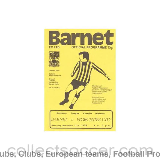 1978 - Barnet v Worcester City official programme 11/11/1978 Southern League Premier Division