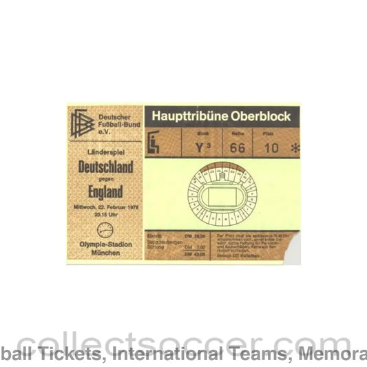 1978 - Germany v England ticket 22/02/1978 with a letter for delivering
