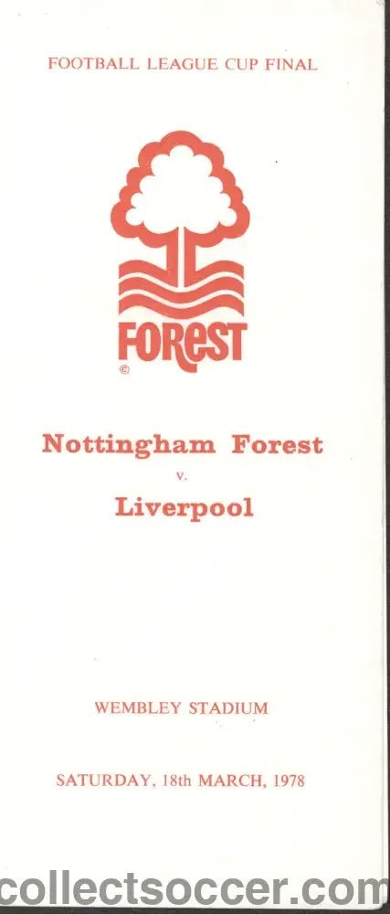1978 League Cup Final Nottingham Forest v Liverpool Rare Itinerary - Collect Soccer