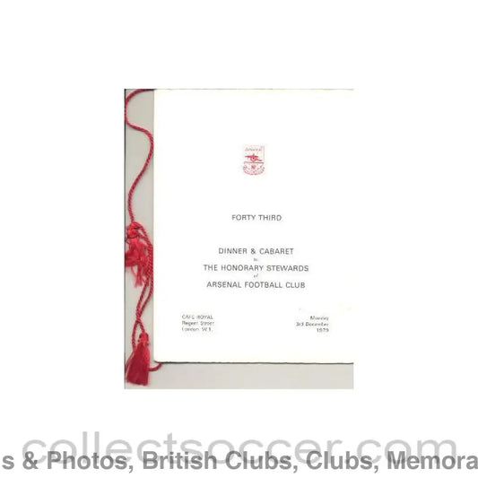 1979 - Arsenal Dinner & Cabaret Menu in Memoriam Fred Kichenside 03/12/1979