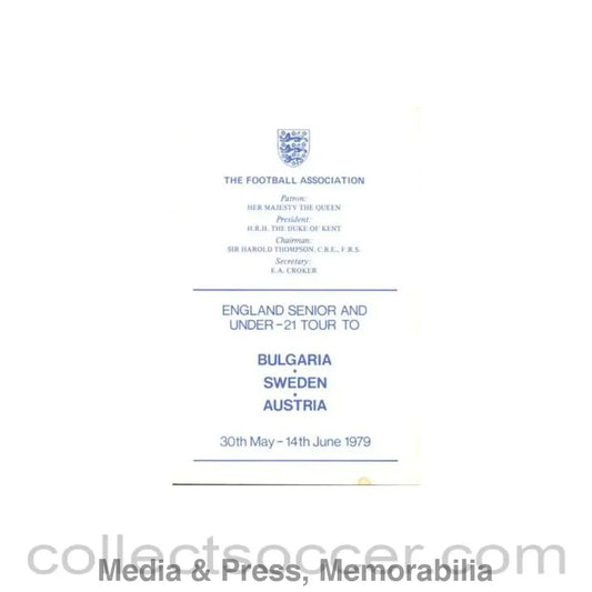 1979 England Senior & U21 Tour to Bulgaria Sweden and Austria programme of arrangements Royal Box