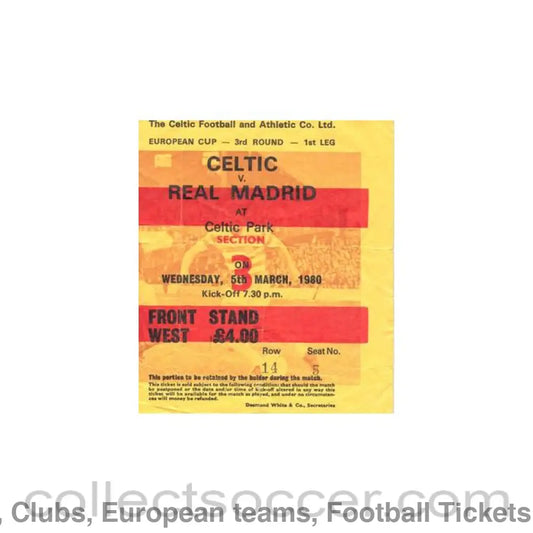 1980 - Celtic v Real Madrid ticket 05/03/1980 European Cup