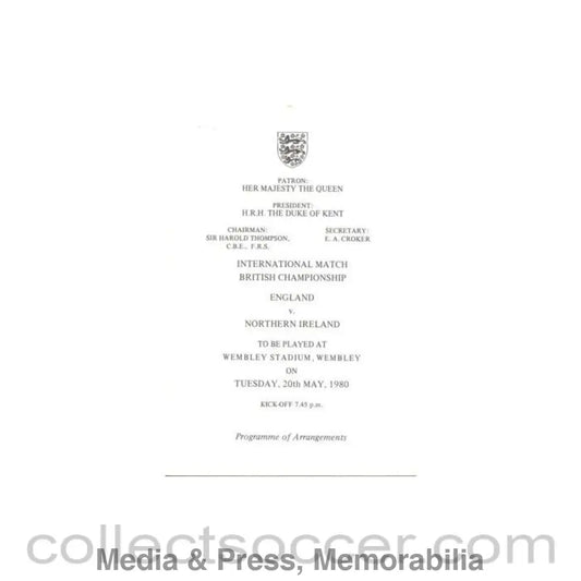 1980 England v Northern Ireland programme of arrangements Royal Box