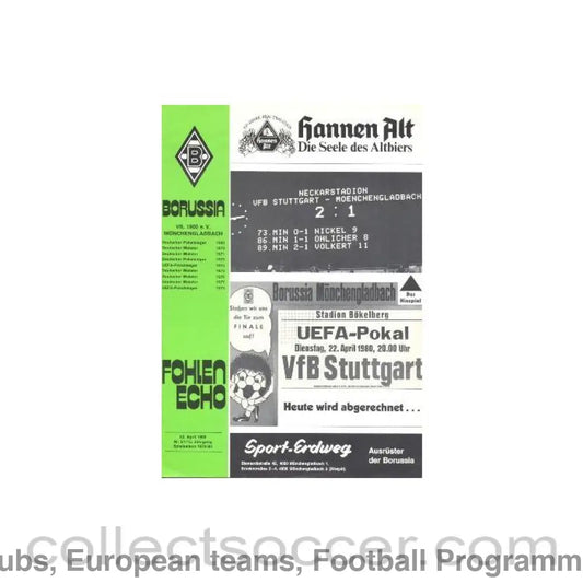 1980 UEFA Cup Semi-Final Borussia Monchengladbach Germany v Stuttgart Germany official programme 22/04/1980