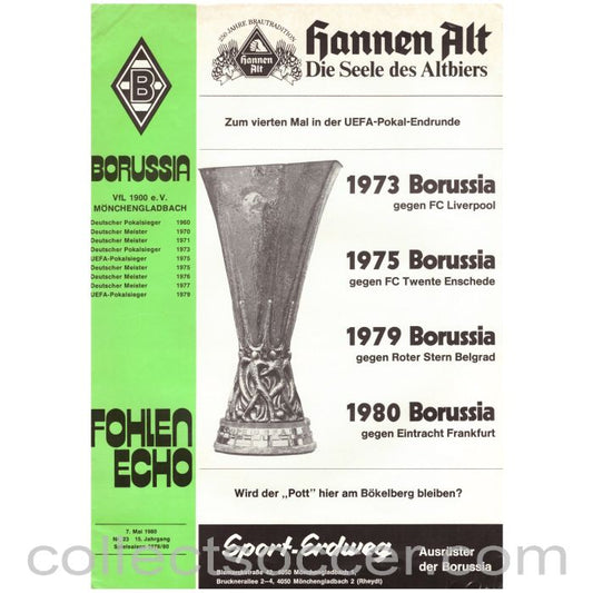 1980 UEFA Cup Final Official Programme Borussia Monchengladbach v Eintracht Frankfurt