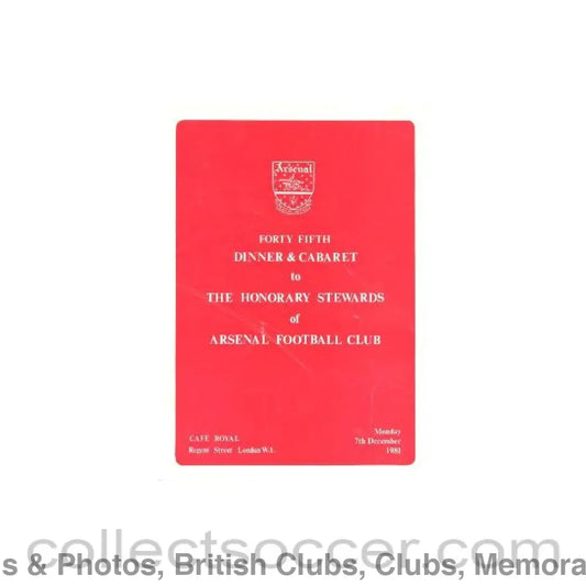 1981 - Arsenal - 45th Dinner & Cabaret to The Honorary Stewards of Arsenal FC menu 07/12/1981