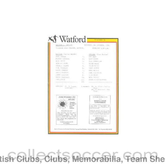 1982 - Watford v Chelsea official teamsheet 02/10/1982