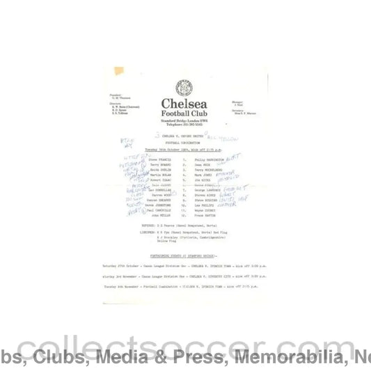 1984 - Chelsea v Oxford United Reserves official teamsheet 16/10/1984 Football Combination with a newspaper cutting