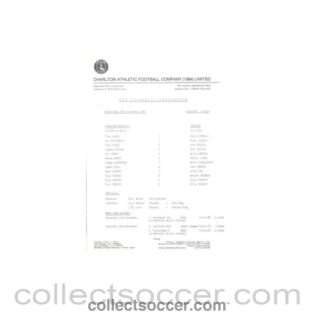 1985 - Charlton Athletic v Chelsea Reserves official colour teamsheet 20/11/1985 Football Combination - Collect Soccer