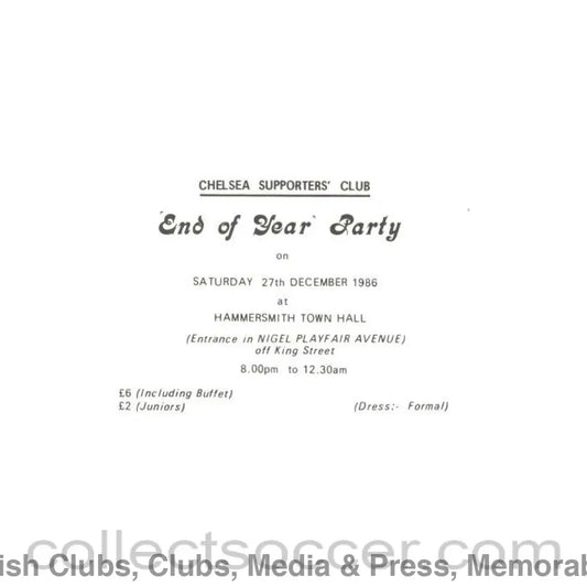 1986 - Chelsea Supporters’ Club End of the Year Party pass 27/12/1986