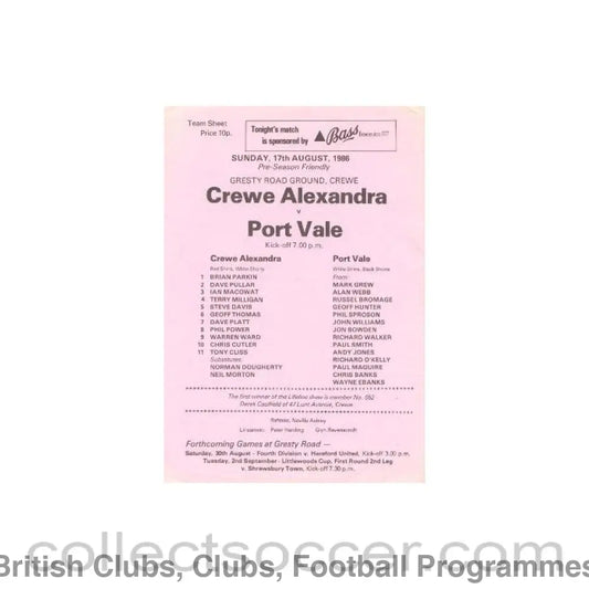 1986 - Creve Alexandra v Port Vale official programme 17/08/1986