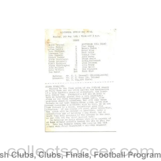 1986 - South Liverpool v Southport official programme 05/05/1986 Liverpool Senior Cup Final