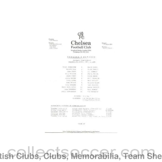 1987 - Chelsea v Watford official teamsheet 07/04/1987