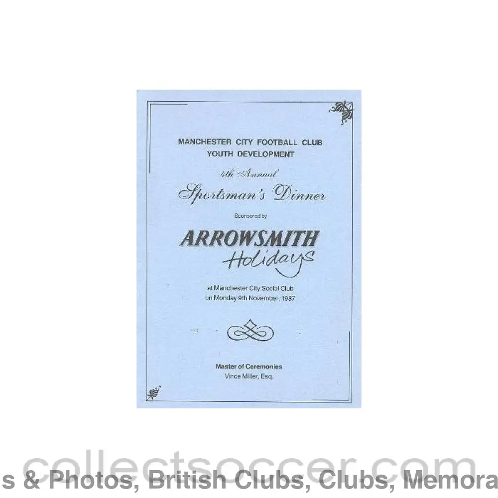 1987 - Manchester City menu of 09/11/1987 Youth Development 4th Annual Sportsman’s Dinner