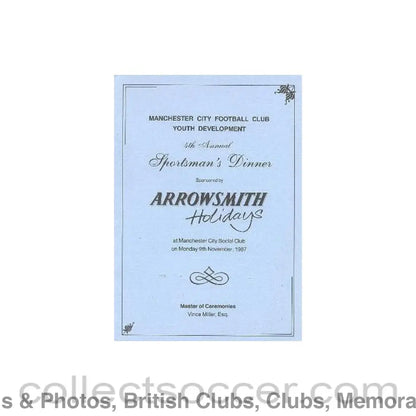 1987 - Manchester City menu of 09/11/1987 Youth Development 4th Annual Sportsman’s Dinner