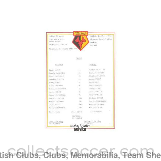 1988 - Watford v Chelsea official teamsheet 18/02/1988