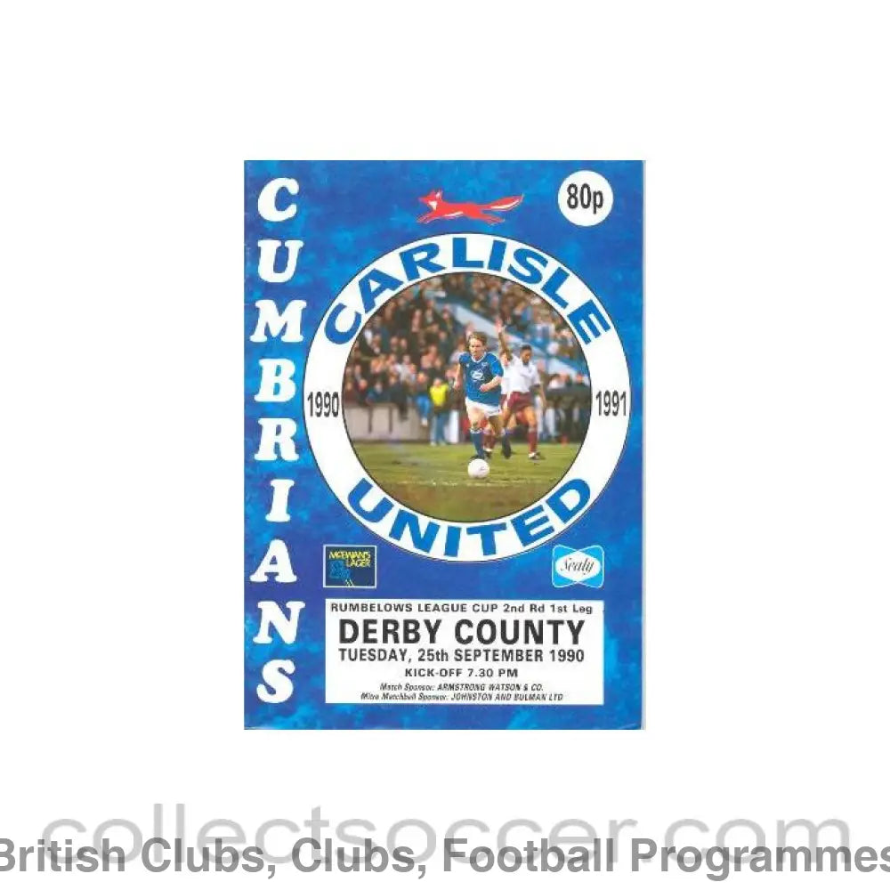 1990 - Carlisle United v Derby County official programme 25/09/1990 Rumbelows League Cup