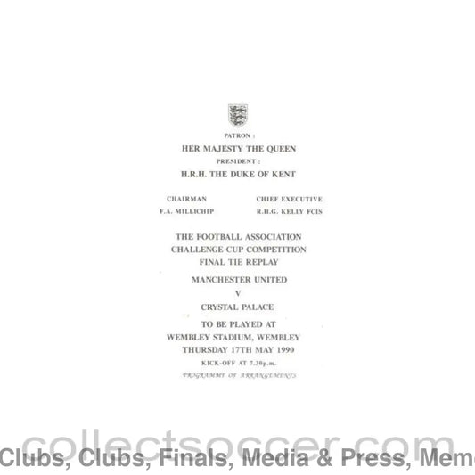 1990 League Cup Final Replay Royal Box Programme of Arrangements Manchester United v Crystal Palace 17/05/1990 at