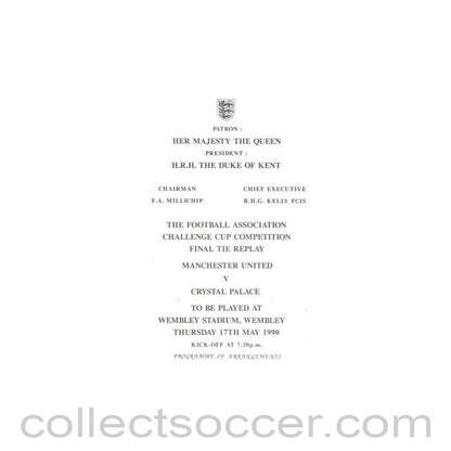 1990 League Cup Final Replay Royal Box Programme of Arrangements Manchester United v Crystal Palace 17/05/1990 at Wembley, Very Rare!