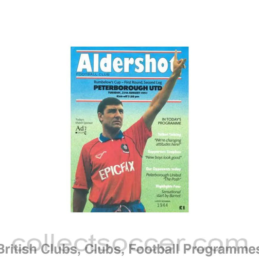 1991 - Aldershot Town v Peterborough United official programme 27/08/1991 Rumbelows Cup