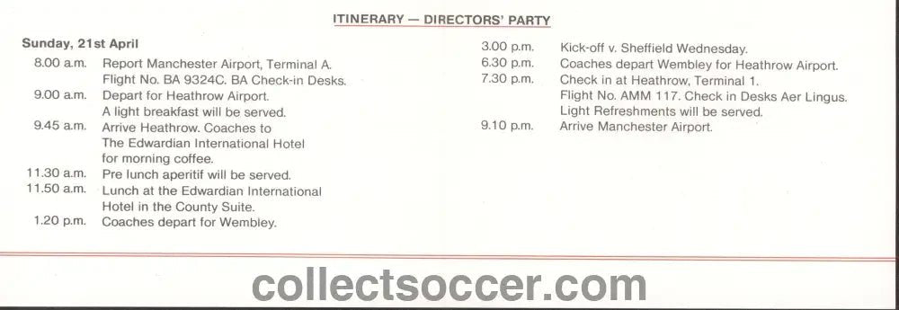 1991 Manchester United Directors Itinerary for the League Cup Final - Collect Soccer