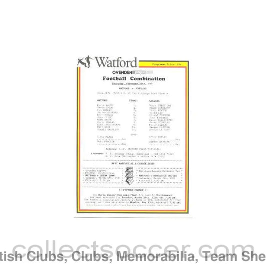 1991 - Watford v Chelsea official teamsheet 28/02/1991