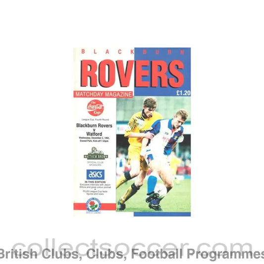 1992 - Blackburn Rovers v Watford official programme 02/12/1992 League Cup