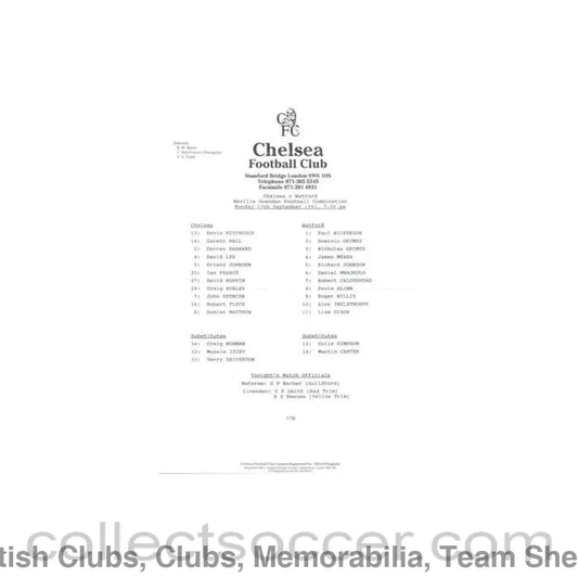 1993 - Chelsea v Watford Reserves official teamsheet 13/09/1993 Neville Ovenden Football Combination