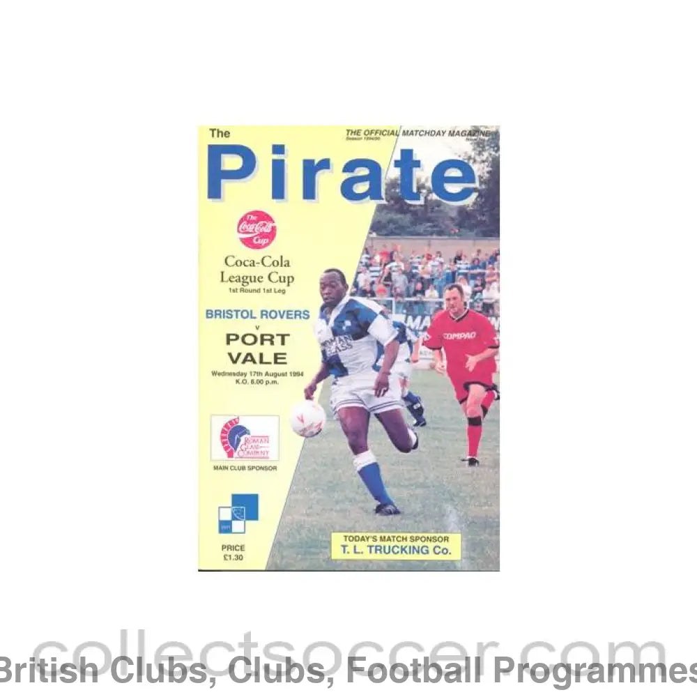 1994 - Bristol Rovers v Port Vale official programme 17/08/1994 Football League Coca Cola Cup